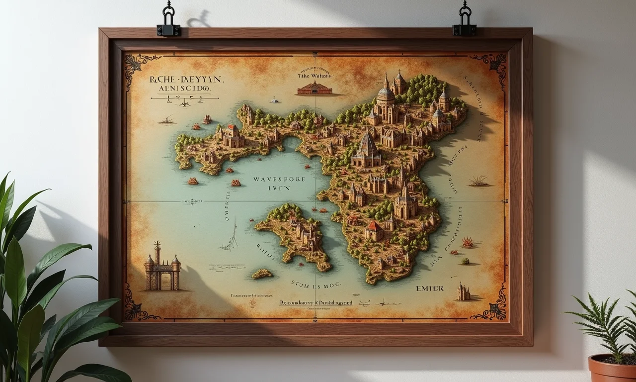 Quadro decorativo com o mapa de Westeros e Essos pendurado na parede.