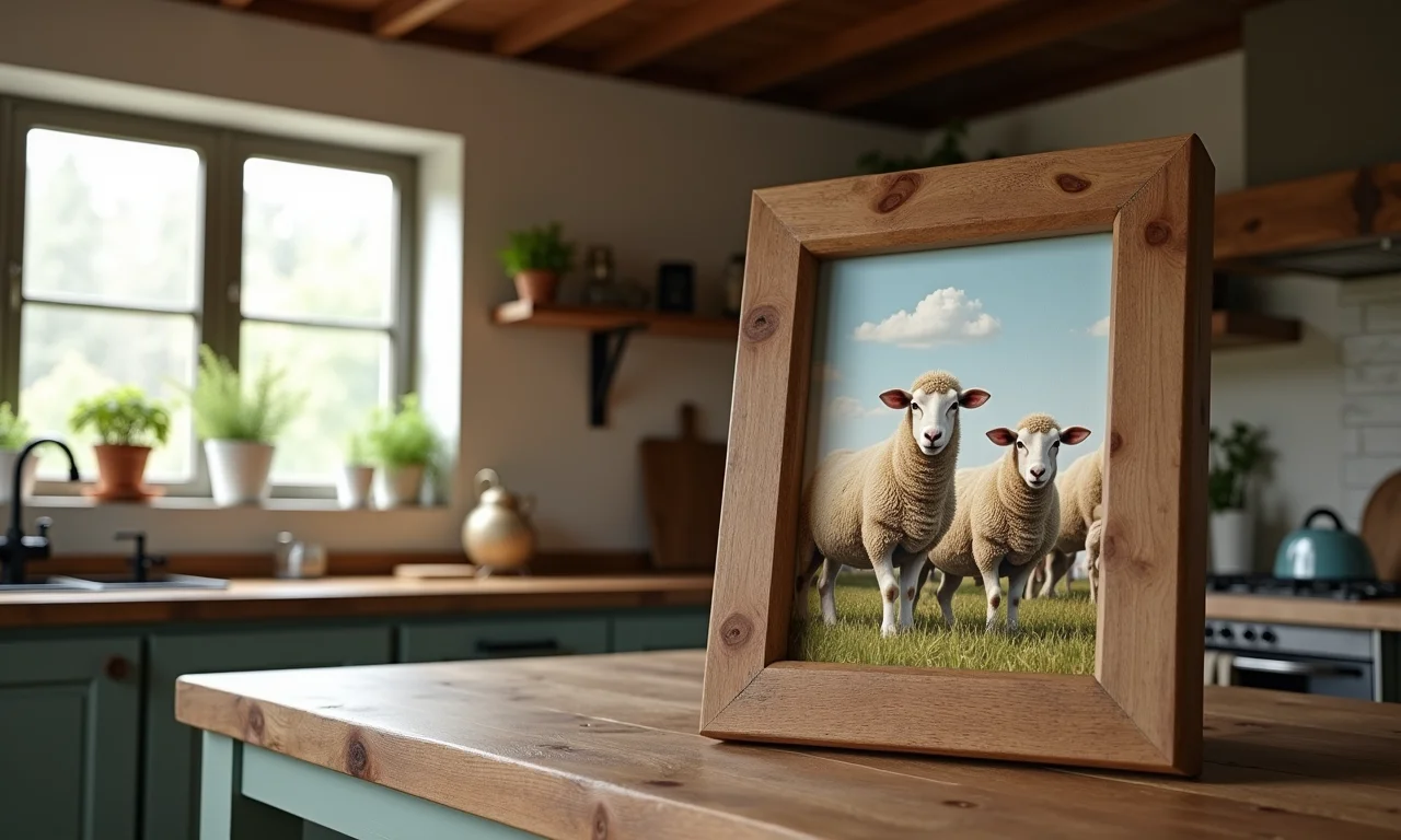 Quadro decorativo com ovelhas na fazenda em cozinha farmhouse.