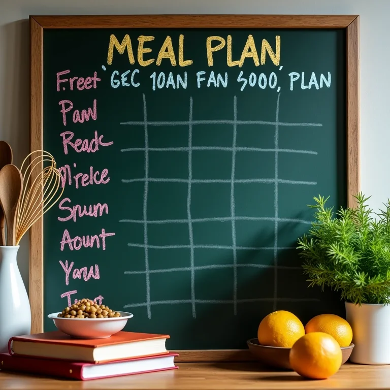 Quadro negro com planejamento de refeições semanais e livros de receitas.