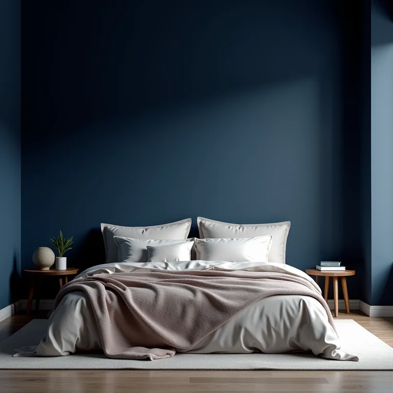 Quarto aconchegante com parede azul escura e cama clara
