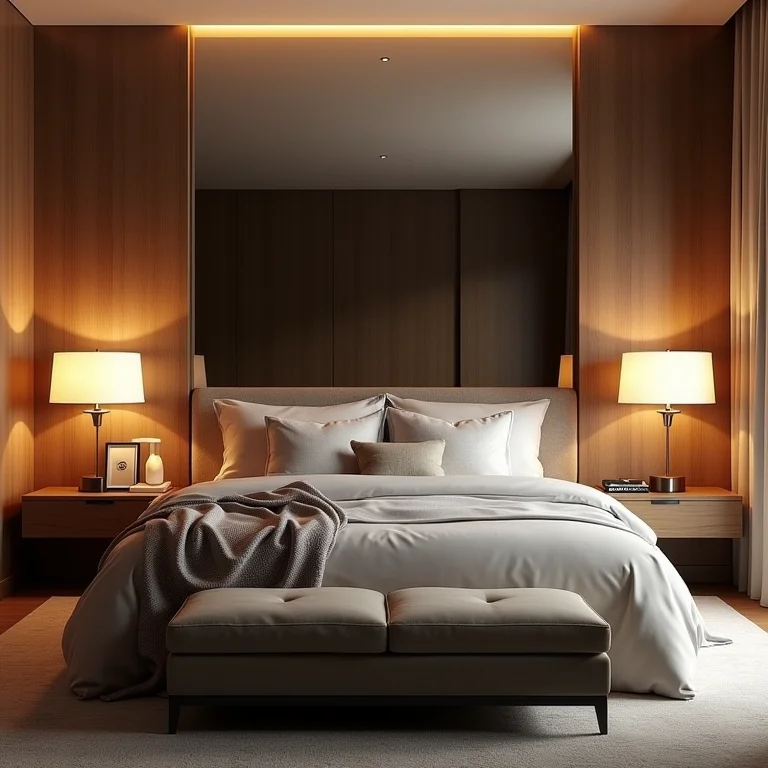 Quarto aconchegante com parede de espelho atrás da cama refletindo a iluminação suave.