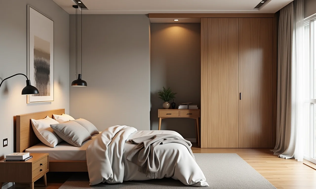 Quarto aconchegante com porta de correr embutida, criando privacidade.