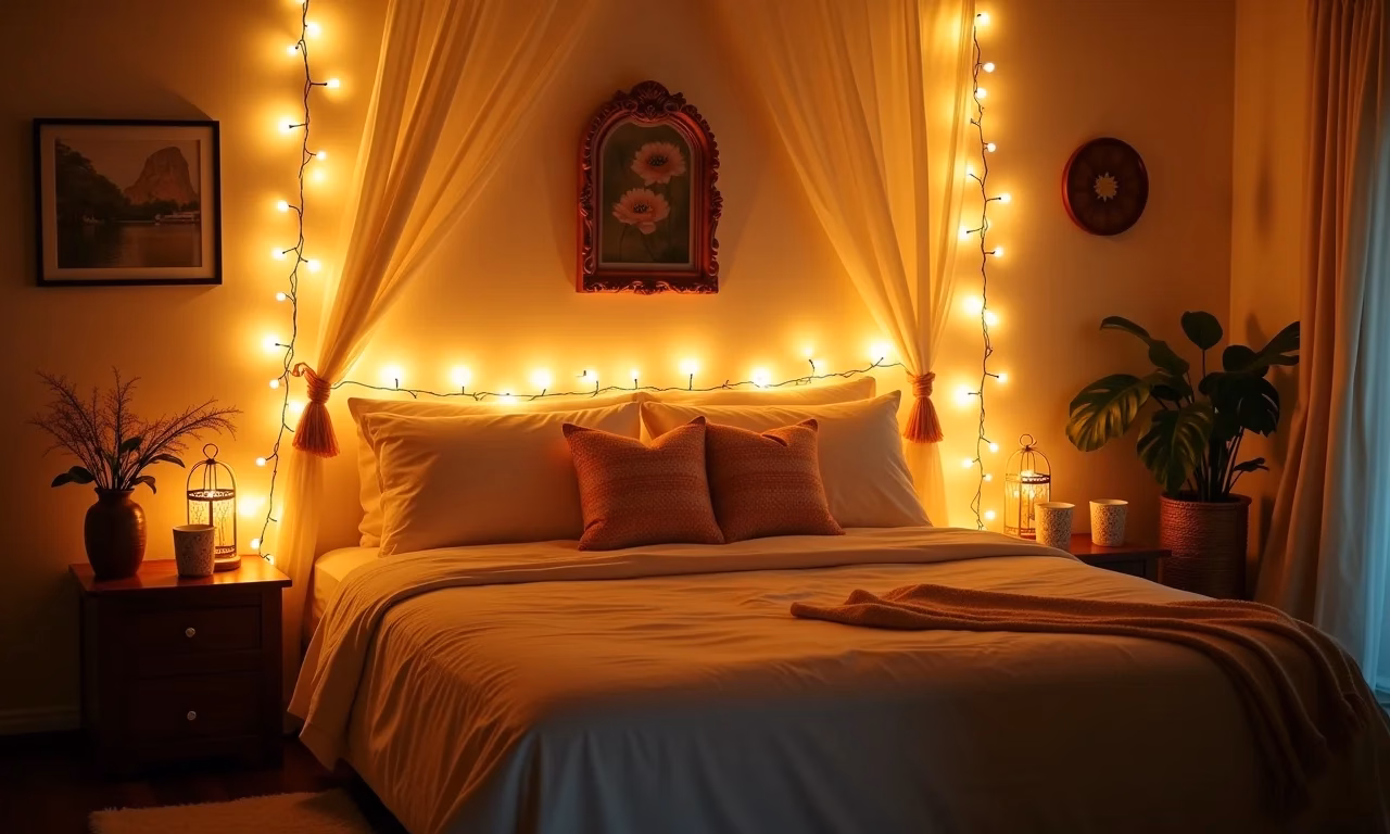 Quarto aconchegante decorado com luzes de fada, criando uma atmosfera mágica e convidativa.