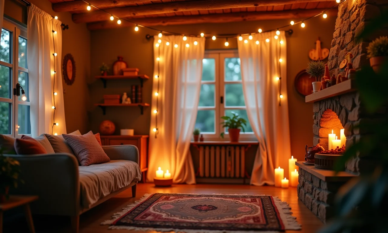 Quarto boho com iluminação quente, luzes de corda e velas
