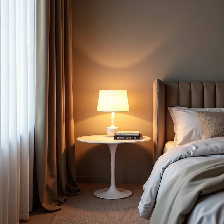 Quarto charmoso com mesa Saarinen como mesa de cabeceira.