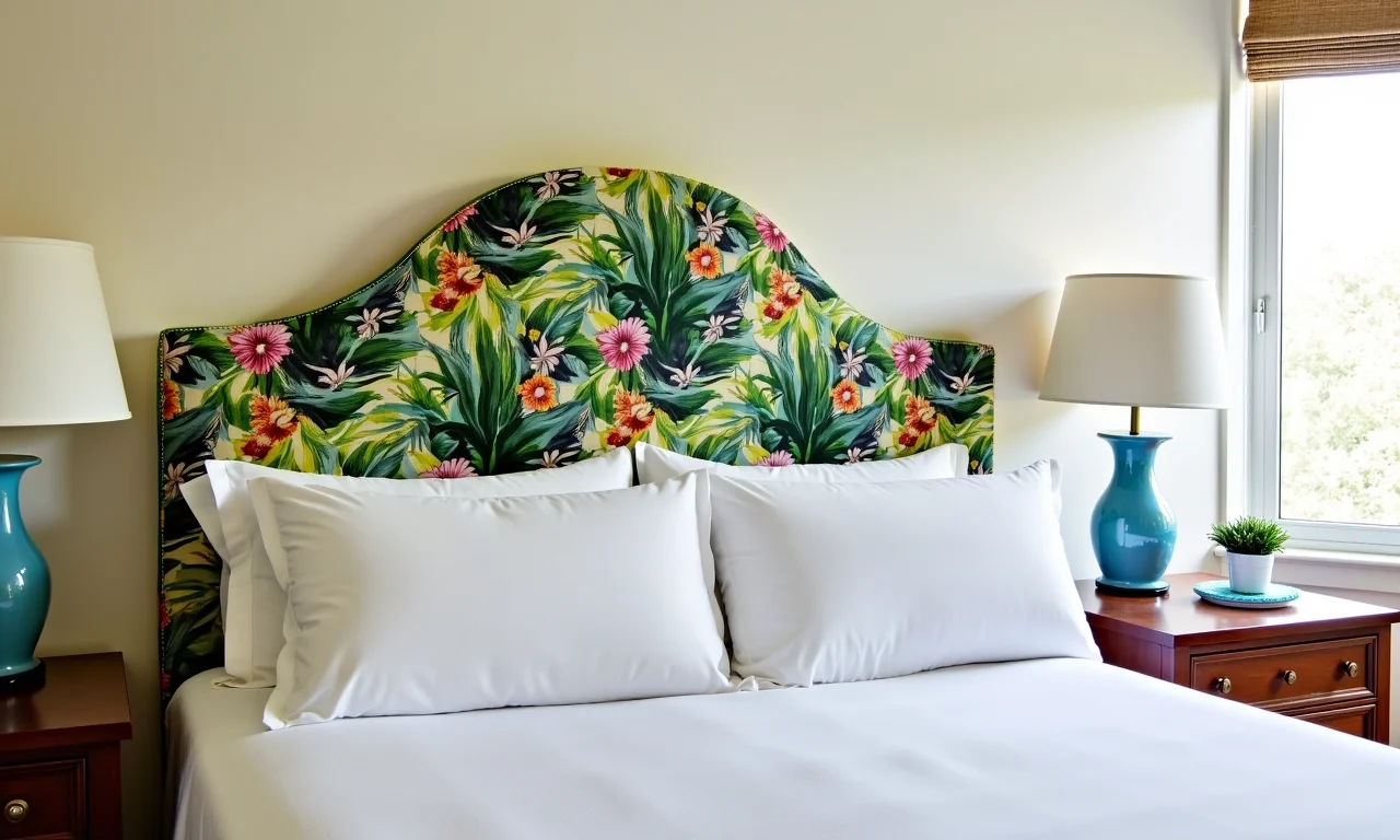 Quarto com cabeceira estofada estampada com tecido tropical vibrante.