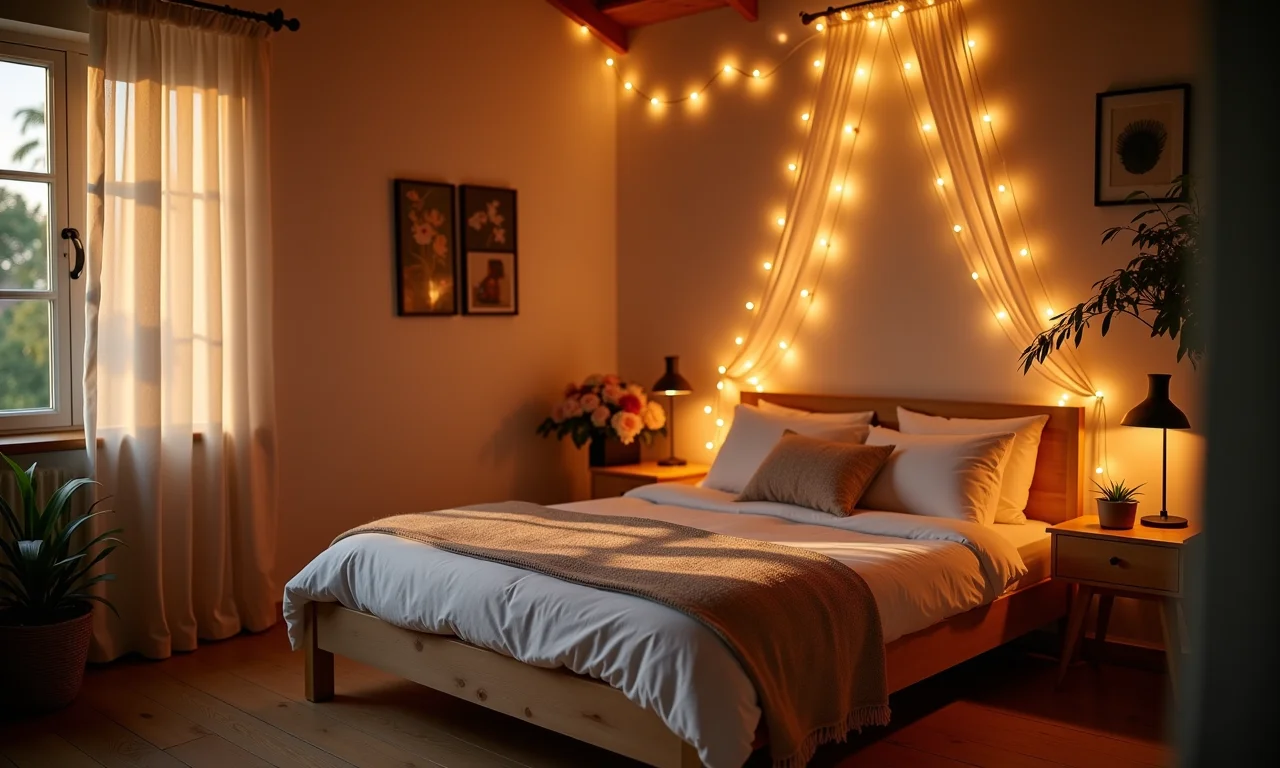 Quarto com luzes de fada criando um ambiente aconchegante e romântico.