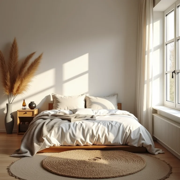 Quarto com piso de sisal e decoração boêmia