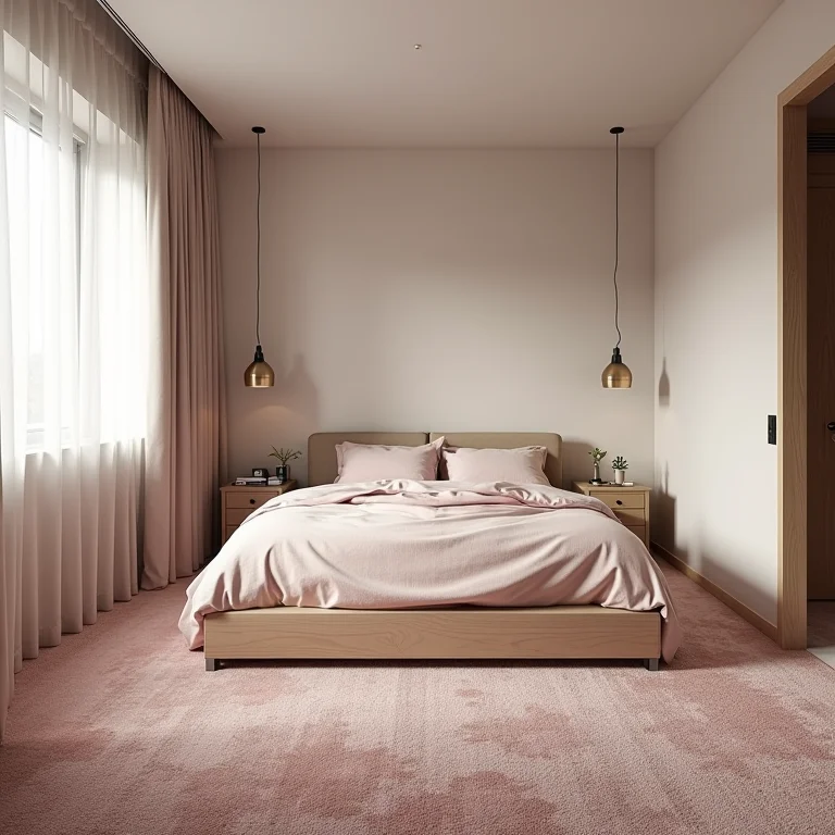 Quarto de adolescente com carpete de pelo alto mostrando manchas e desgaste