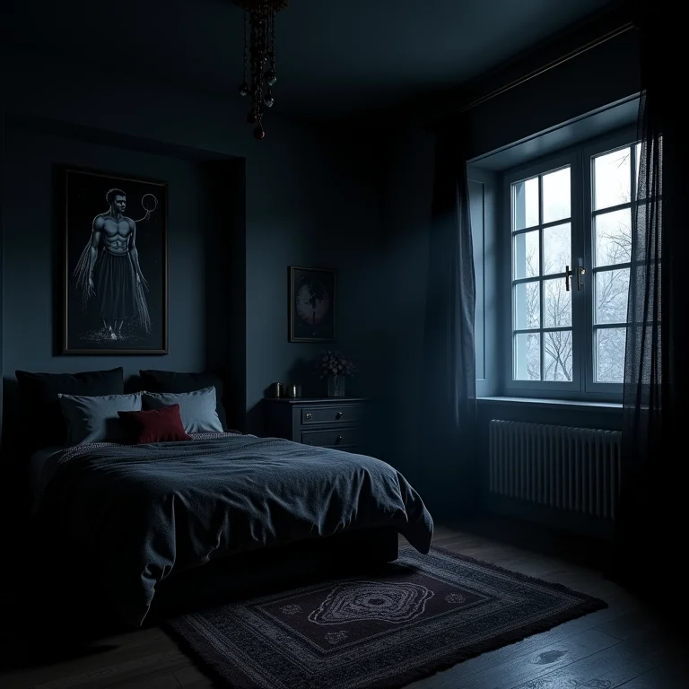 Quarto de adolescente com cores escuras e iluminação dramática