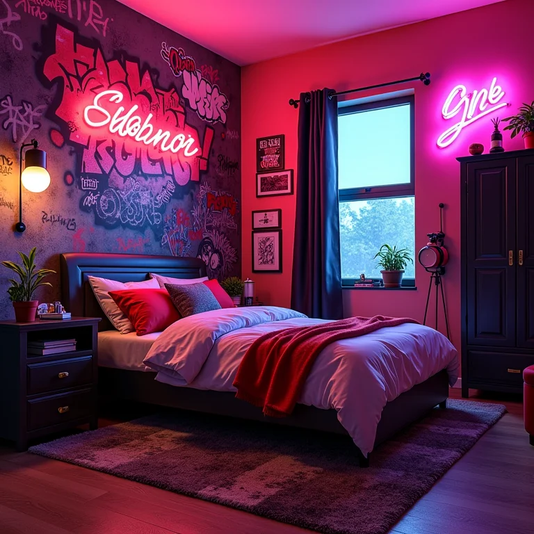 Quarto de adolescente com cores vibrantes e arte de rua