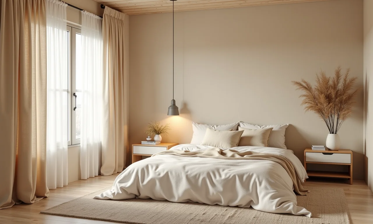 Quarto de praia aconchegante com tons de bege e texturas naturais.