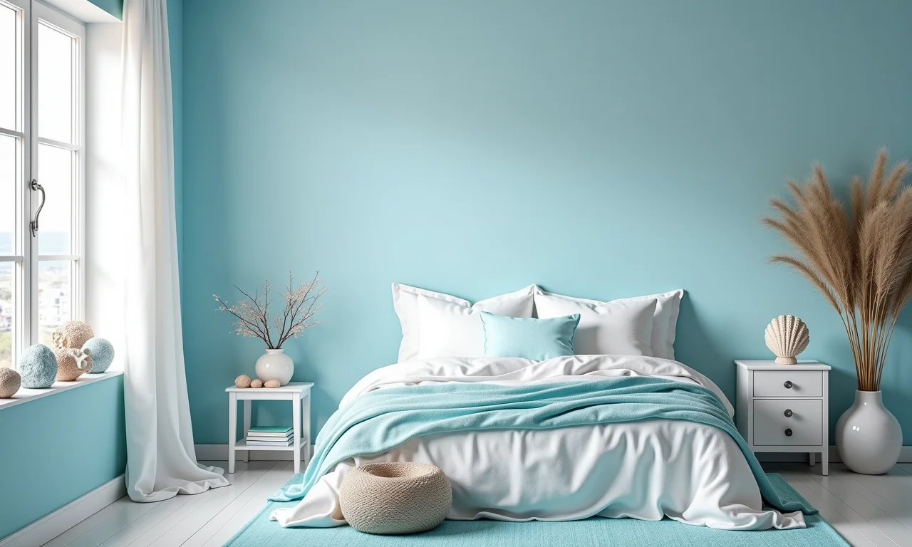 Quarto de praia com detalhes em azul e decoração com conchas.