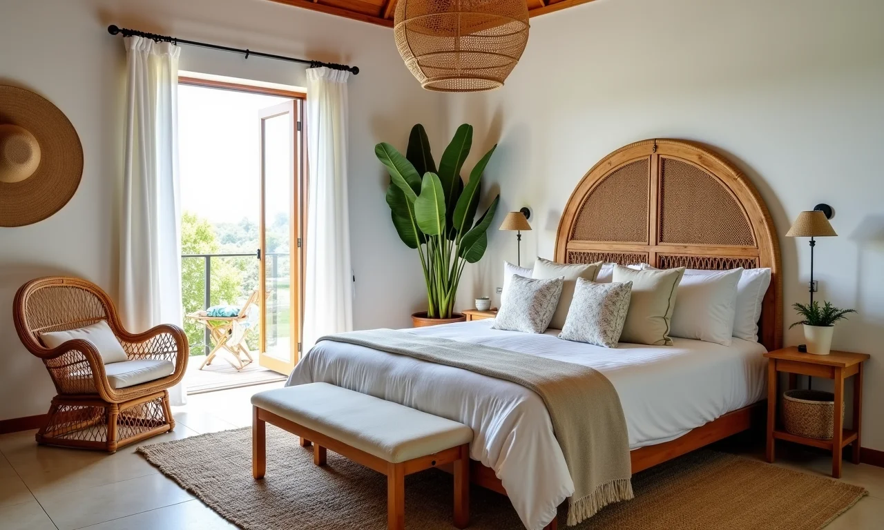 Quarto de praia com detalhes em vime e rattan, estilo boêmio.