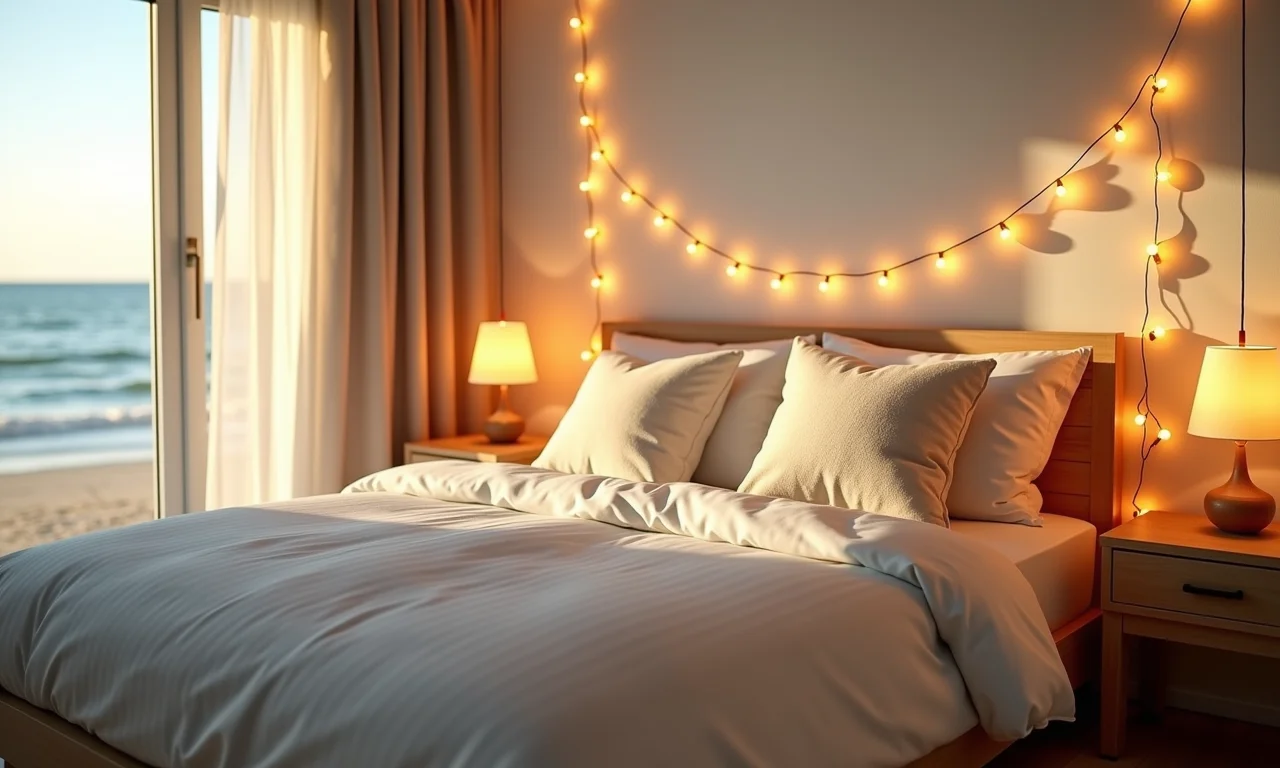 Quarto de praia com iluminação aconchegante e relaxante.