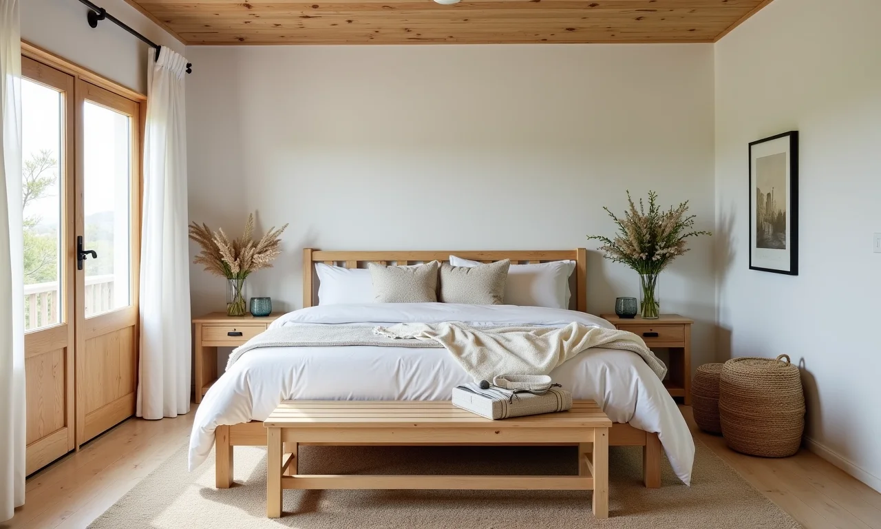 Quarto de praia com móveis de madeira clara e detalhes rústicos.