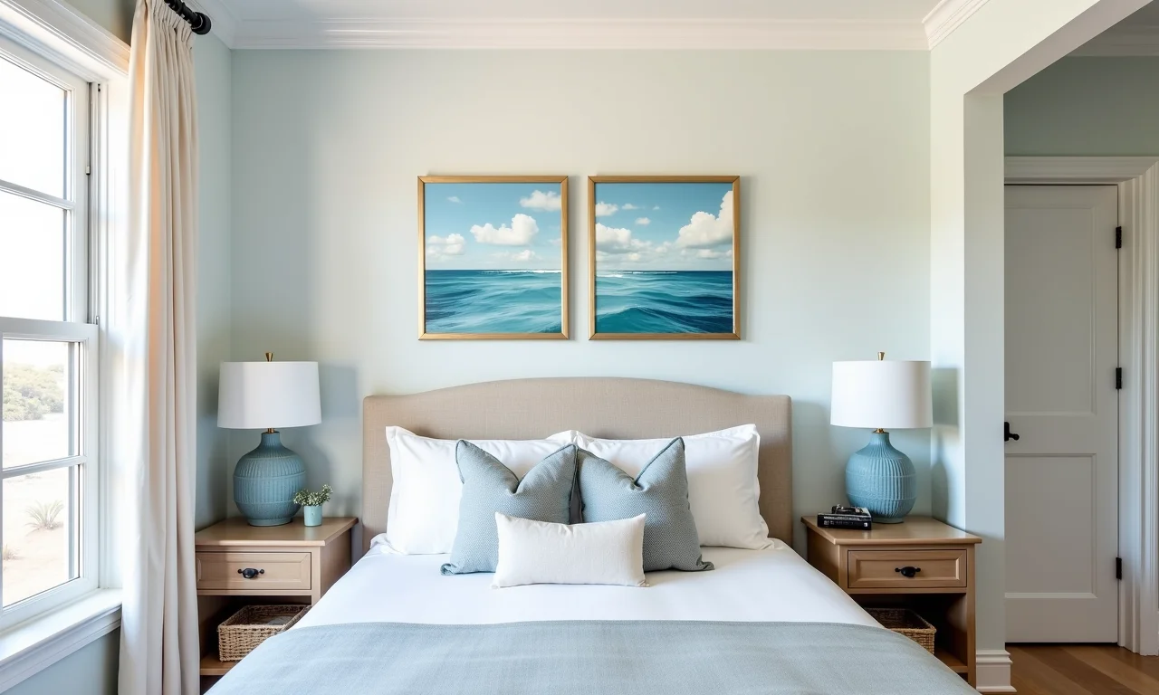 Quarto de praia com quadros de temas marinhos, arte e inspiração.