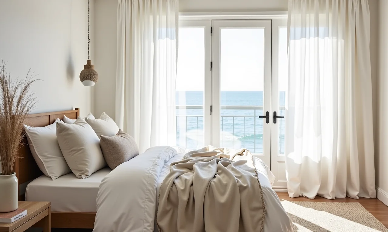 Quarto de praia com tecidos de algodão e linho, conforto e leveza.