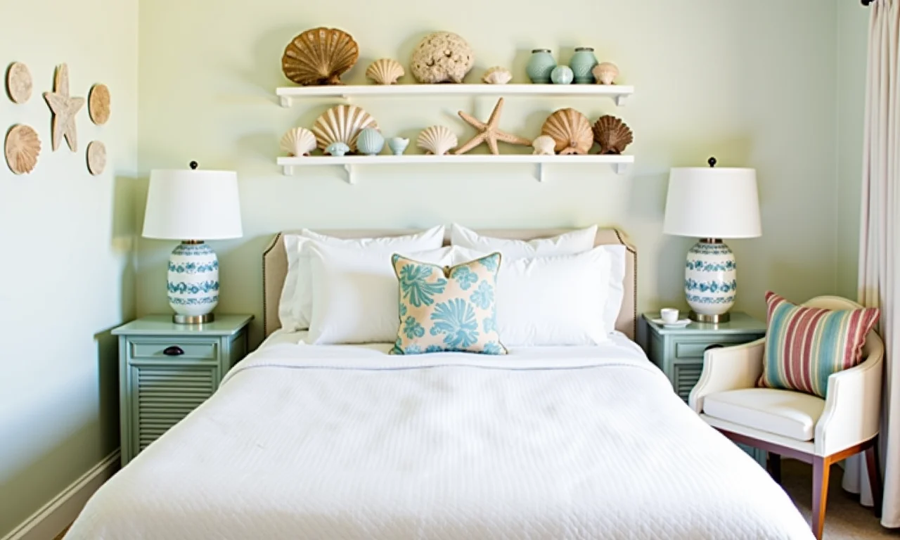 Quarto de praia decorado com conchas e estrelas do mar.