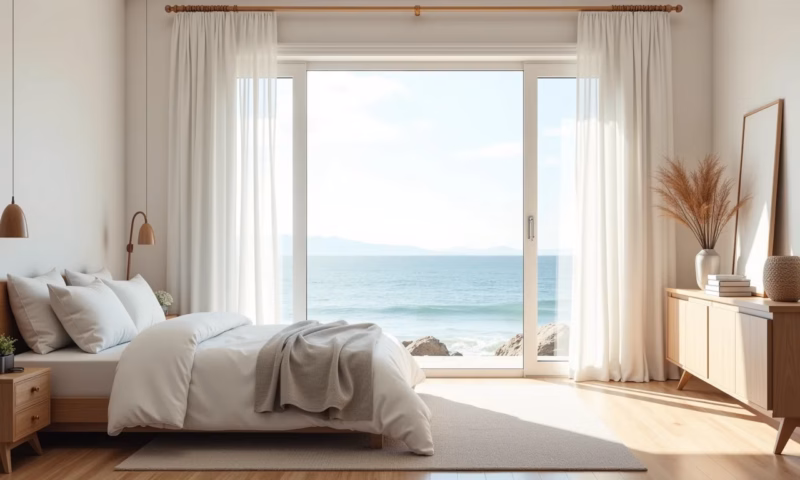 Quarto de praia iluminado com vista para o oceano e decoração minimalista.