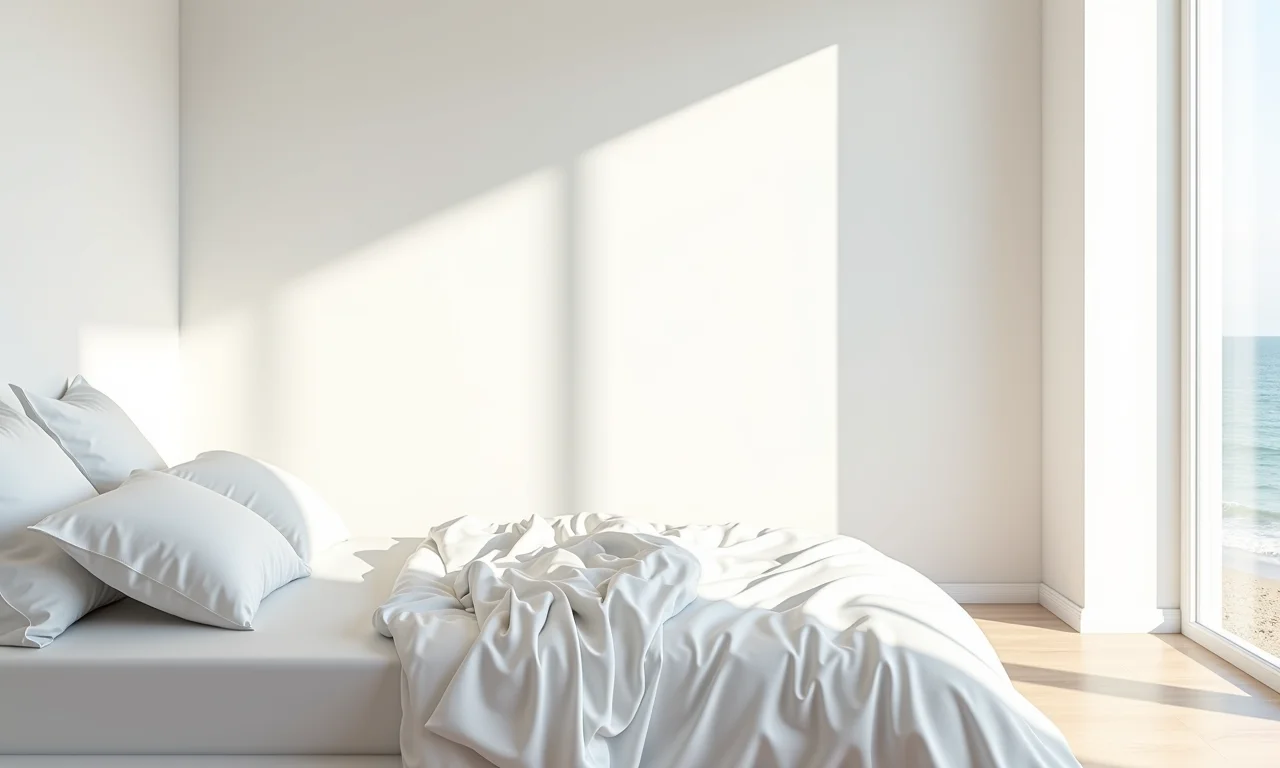 Quarto de praia todo branco com design minimalista e luz natural.