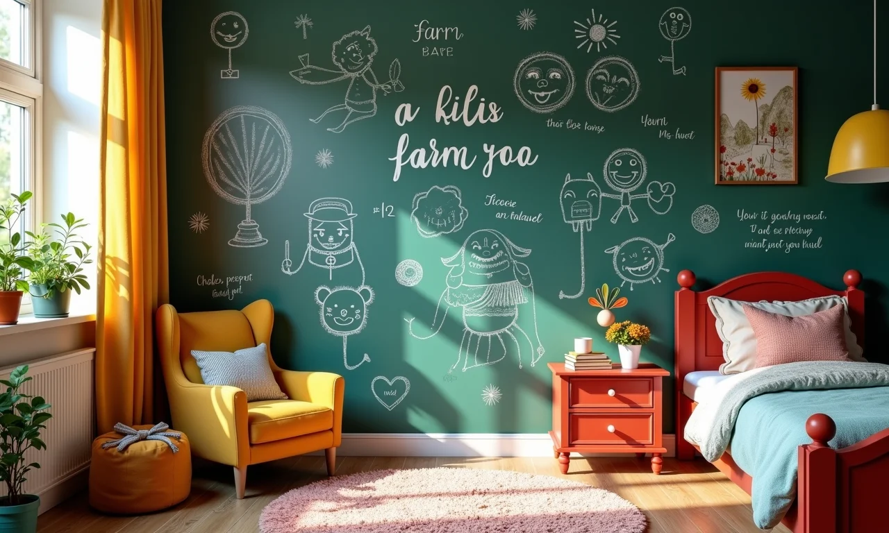 Quarto infantil com parede de lousa e desenhos coloridos.