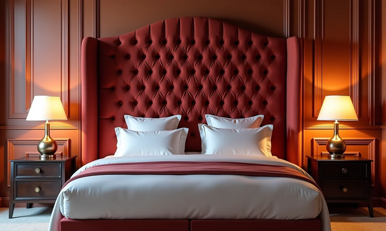 Quarto luxuoso com cabeceira estofada capitonê em veludo.