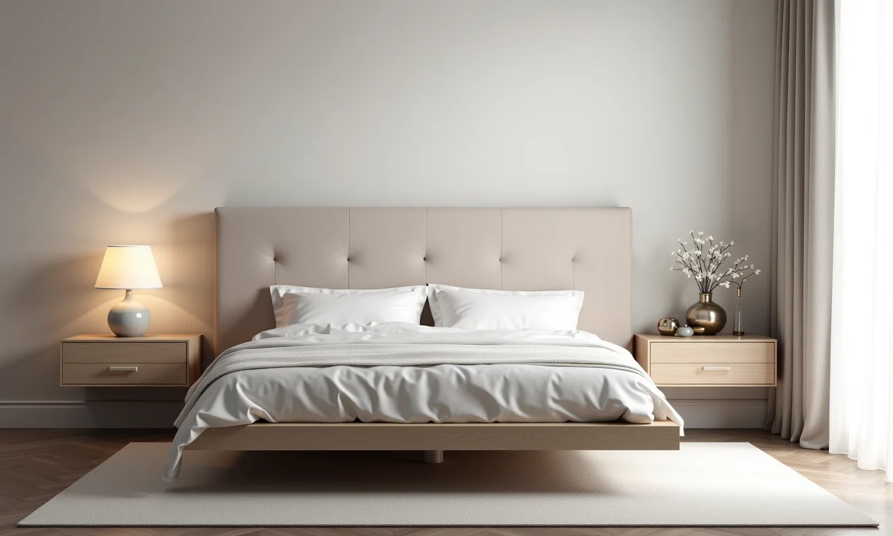 Quarto moderno com cabeceira estofada suspensa, transmitindo leveza e modernidade.