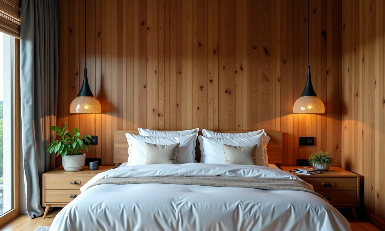 Quarto rústico-chique com parede de cobogó de madeira como cabeceira.