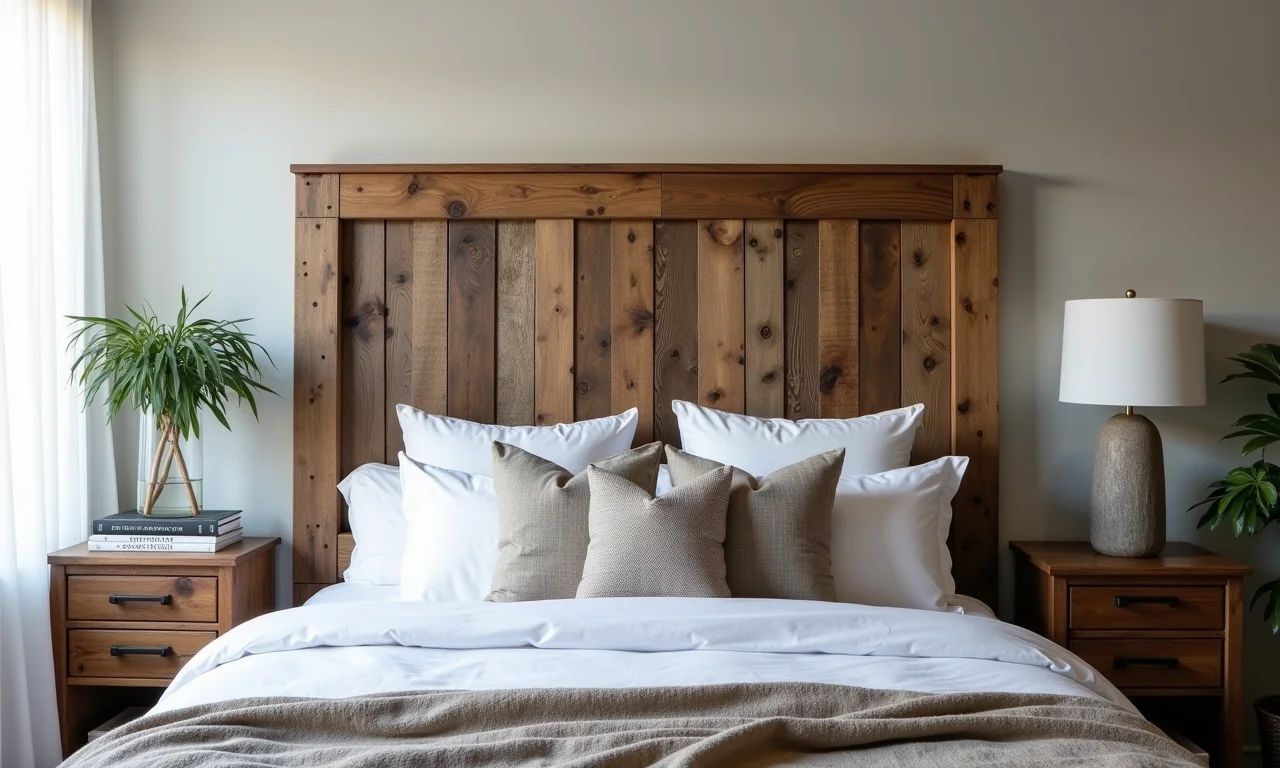 Quarto rústico com cabeceira estofada feita de pallets de madeira.