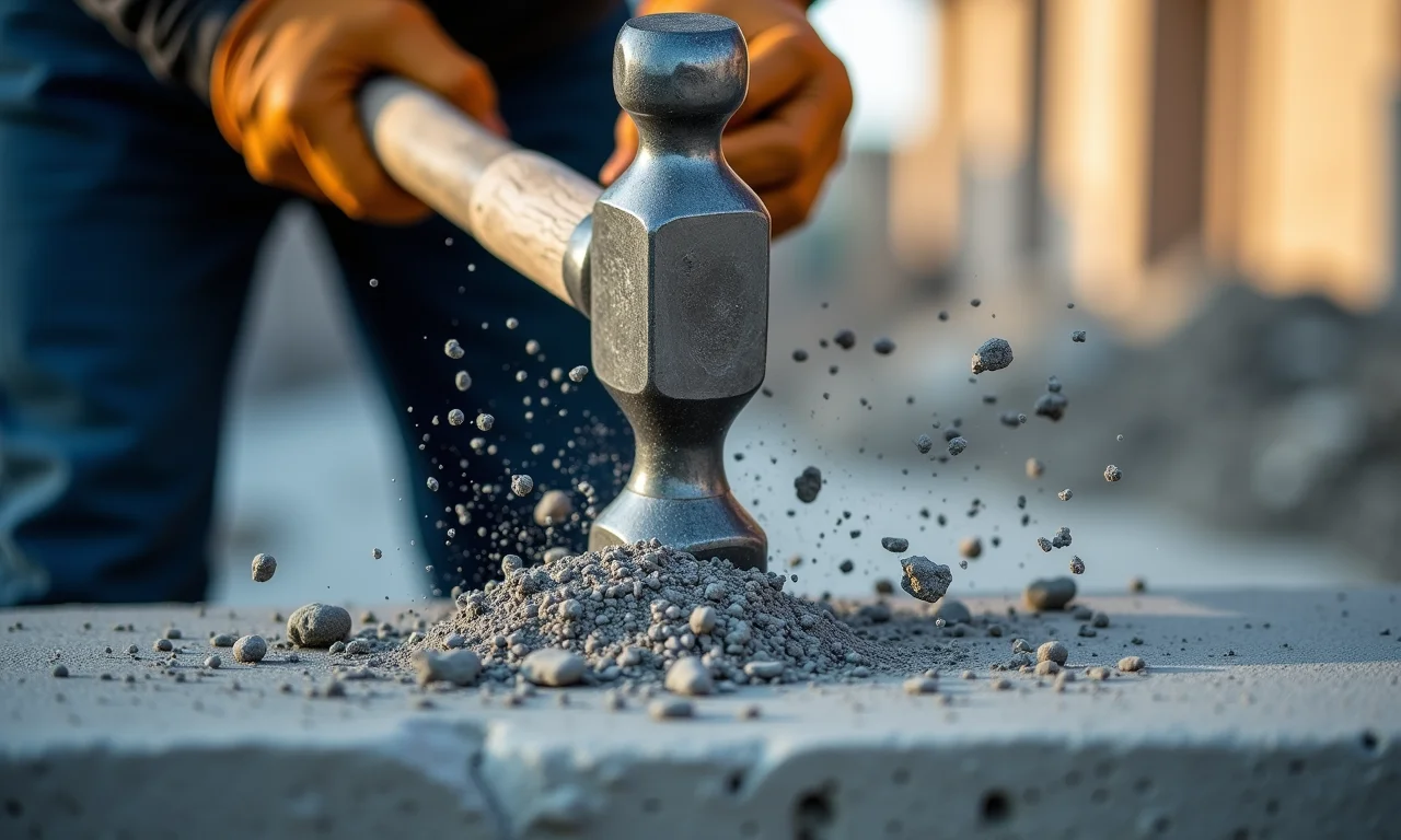 Quebra de concreto com uma marreta, close-up no ponto de impacto.