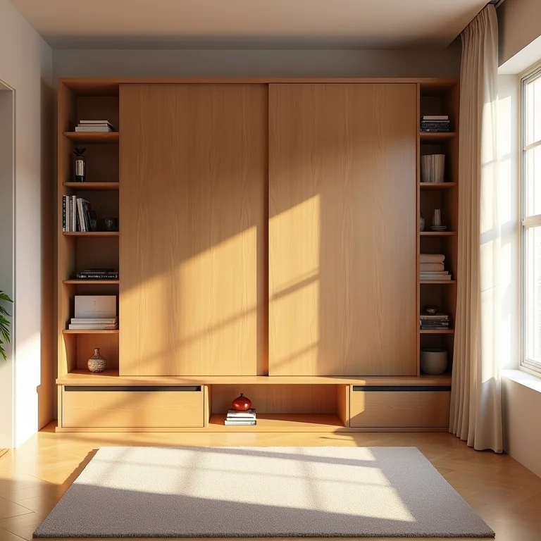 Rack com portas de correr de madeira