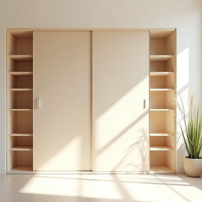 Rack com portas de correr em cores claras ampliando um ambiente pequeno.