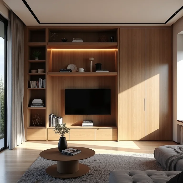 Rack com portas de correr em sala pequena