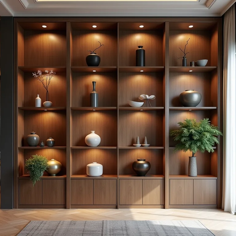 Rack com portas de correr expondo objetos decorativos