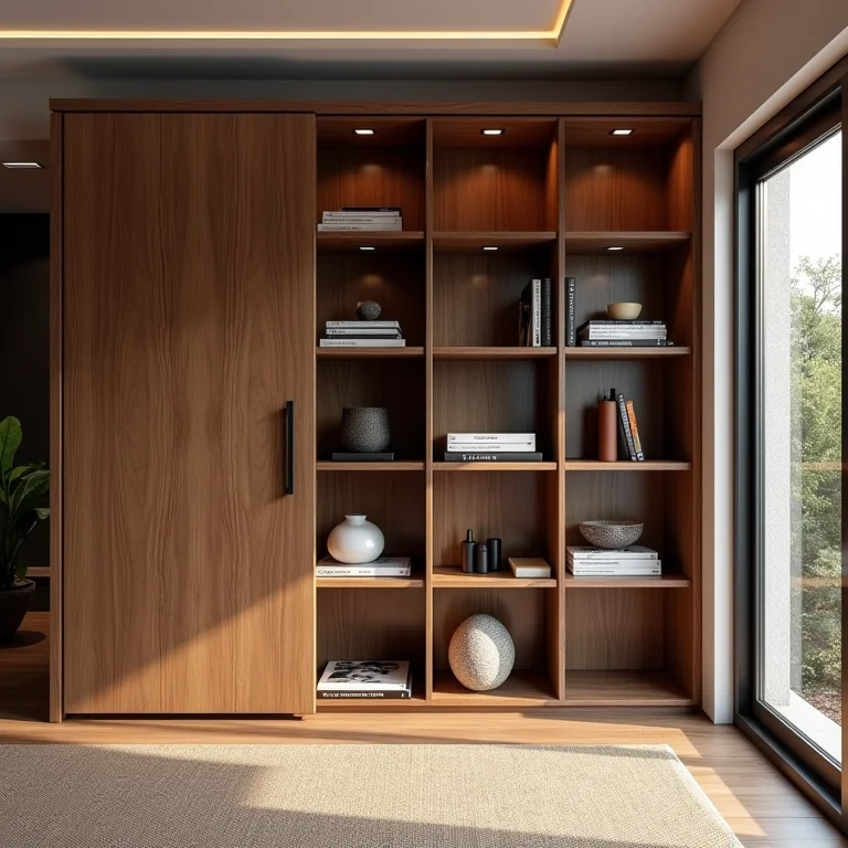 Rack com portas de correr guardando livros e revistas