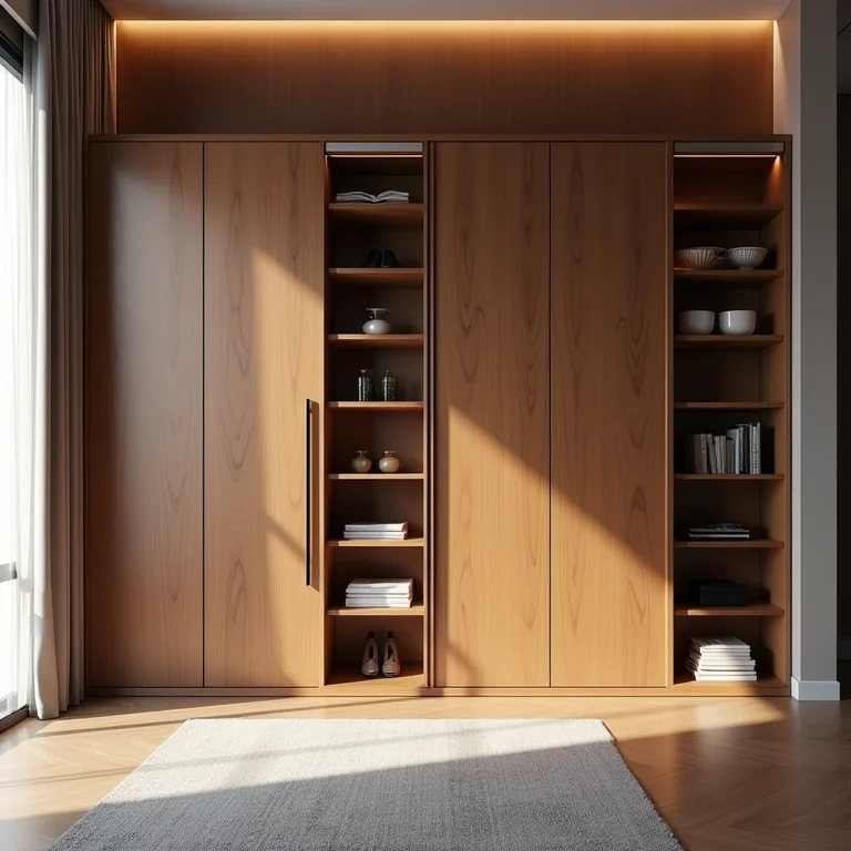 Rack com portas de correr otimizando o espaço em um apartamento compacto.