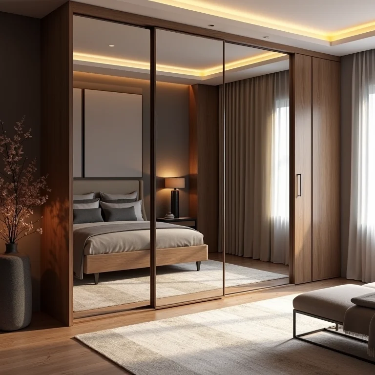 Rack com portas espelhadas adicionando sofisticação à sala.