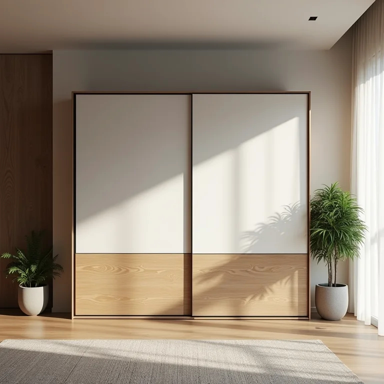 Rack suspenso com portas de correr em ambiente compacto.