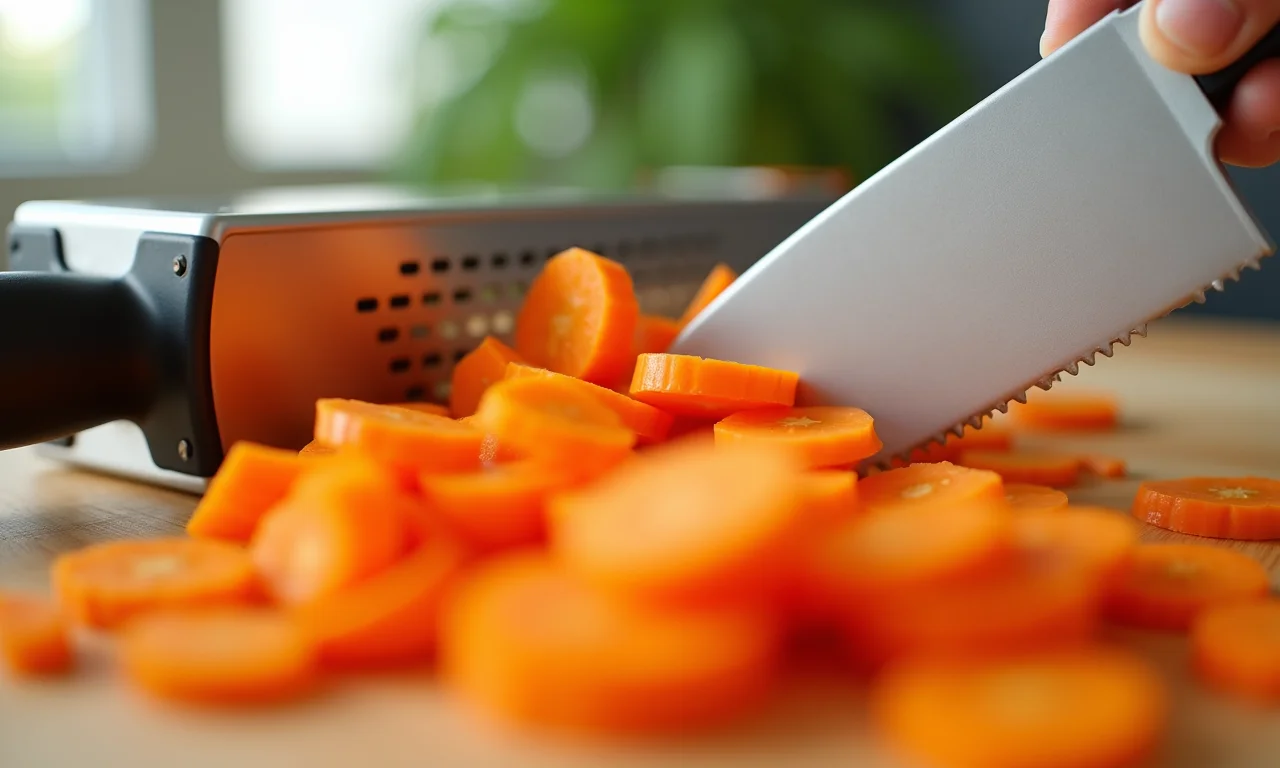 Ralador e mandolin fatiando cenouras frescas.
