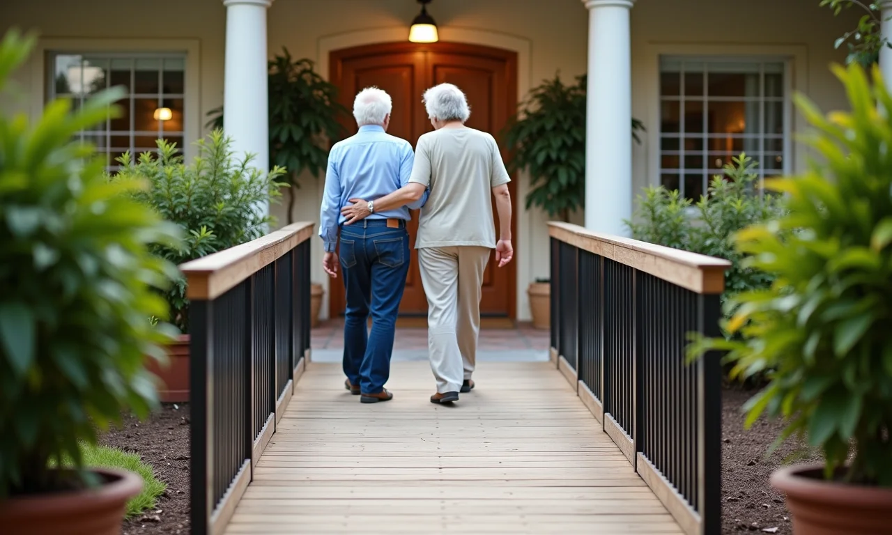 Rampa com barras de apoio facilitando locomoção em asilo.