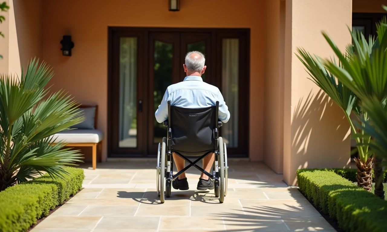 Rampa de acessibilidade com largura mínima adequada sendo utilizada por cadeirante.