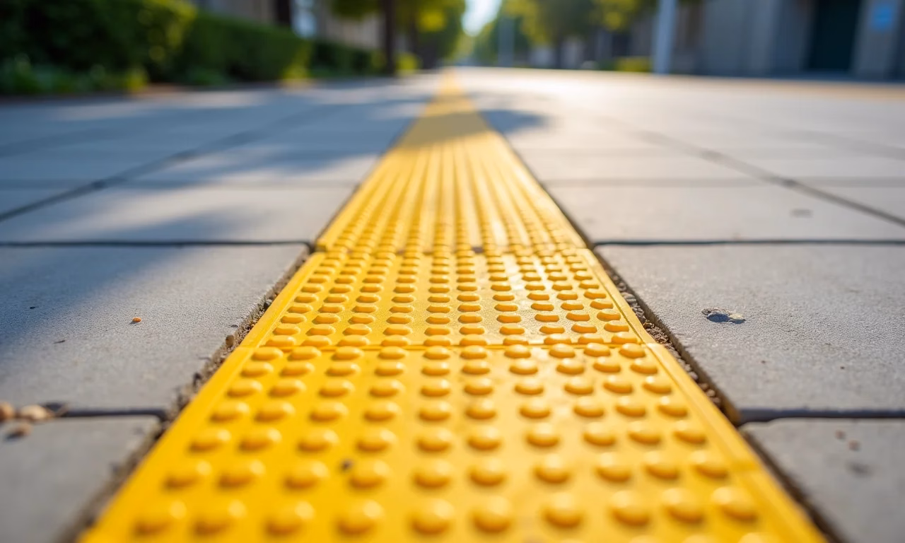 Rampa de acessibilidade com piso tátil direcional e de alerta.