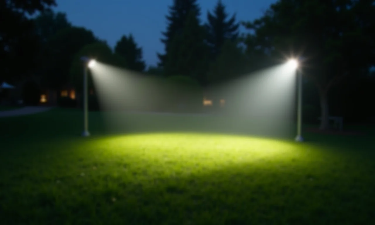 Refletores potentes iluminando uma grande área de gramado para segurança.