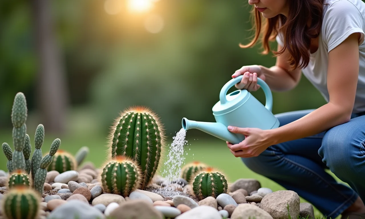 Regando cactos em jardim de pedras.