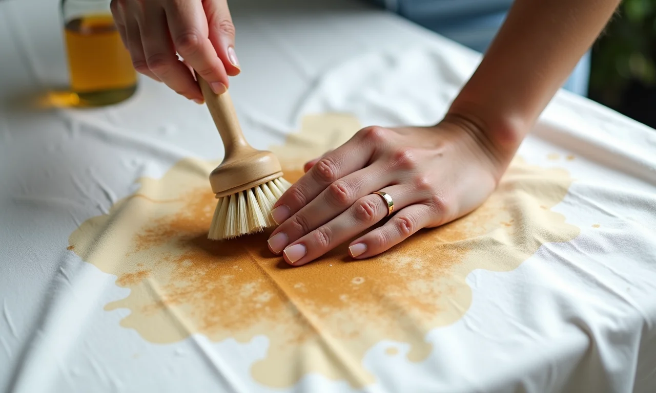 Removendo mancha seca de suco de uva com escova.