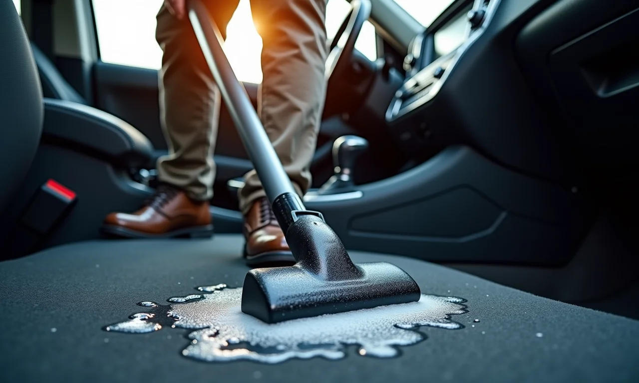 Removendo o excesso de umidade do carpete do carro com aspirador.