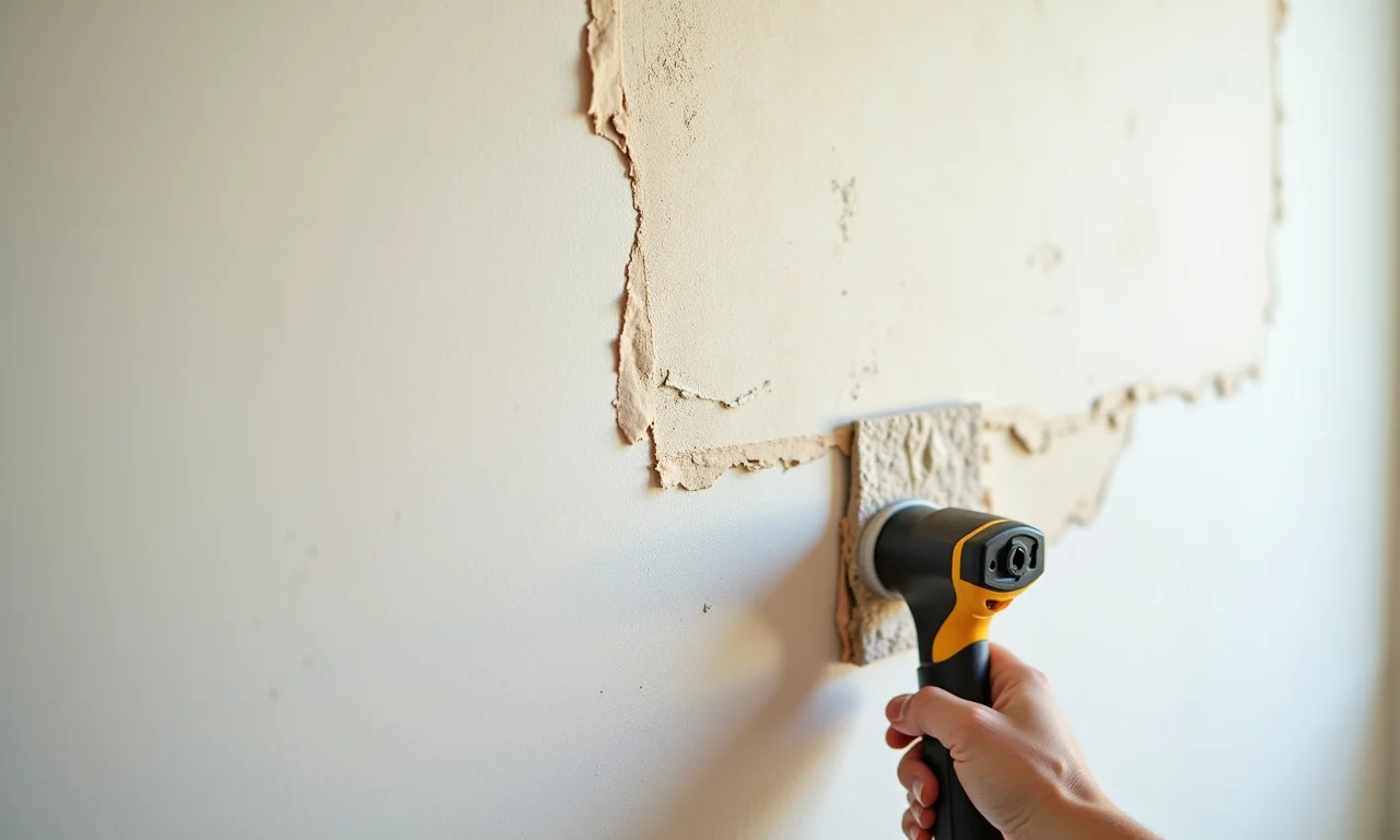 Removendo papel de parede antigo com cuidado.