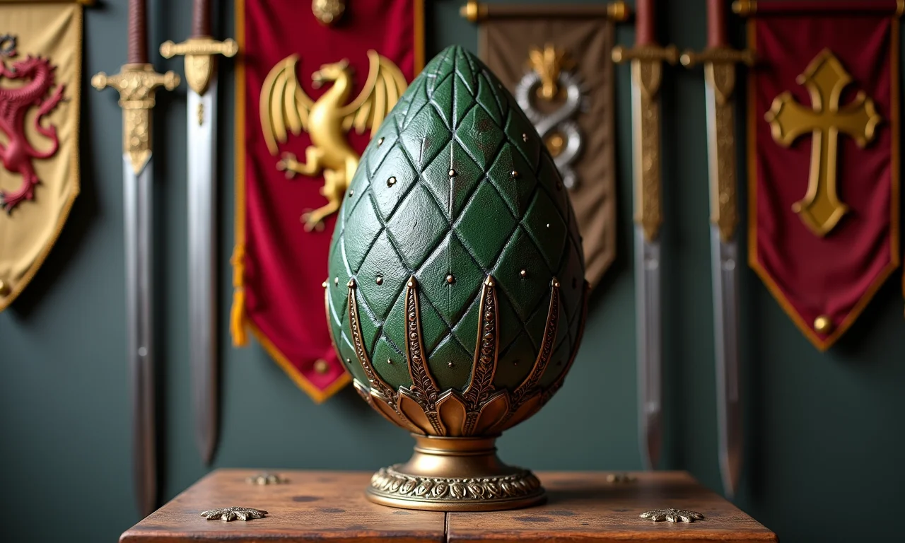 Réplica de ovo de dragão, banners de brasões das casas e espadas colecionáveis expostas na parede.