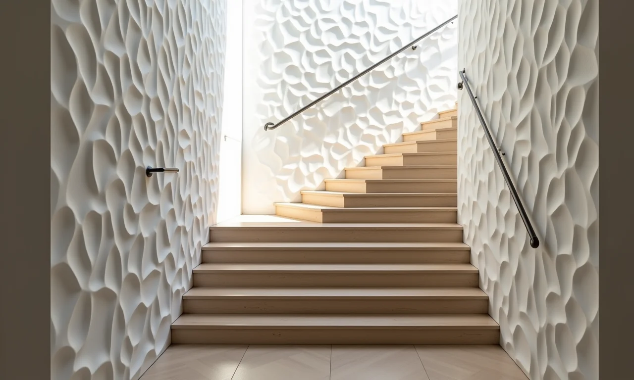 Revestimento 3D em parede de escada, modernidade e originalidade no design.